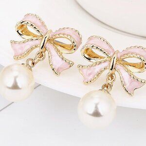 Bow Rhinestone Pearl Earrings